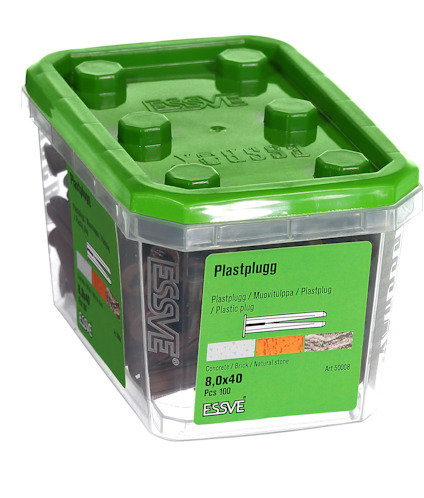 Plastlåda med grön lock, etikett märkt "Plastplugg", innehåller 100 byggplugg, Essve varumärke.