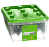 Transparent plastbehållare med grönt lock innehållande Stud Anchor M8 x 50, 100 st från ESSVE.