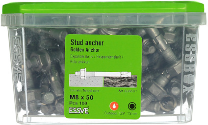 Förpackning ESSVE stud anchor, art.nr 306501, innehåller 100 M8 x 50 expansionsbultar för betong och trä.