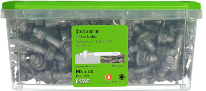Transparent låda med grönt lock innehållande stud anchors från ESSVE, 100 stycken M8 x 50.
