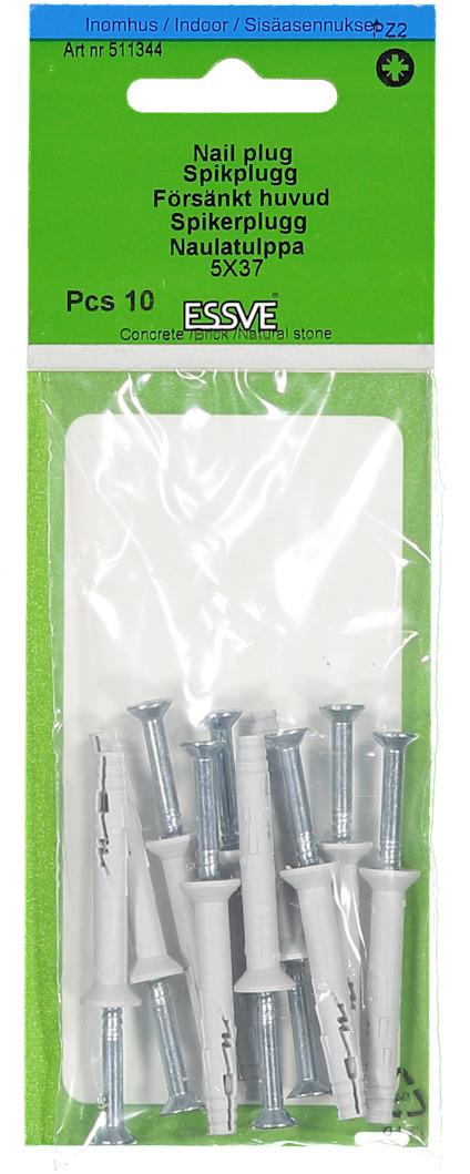 Förpackning med vita spikplugg och metallskruvar, märkt "ESSVE Nail plug 5x37", 10 st.