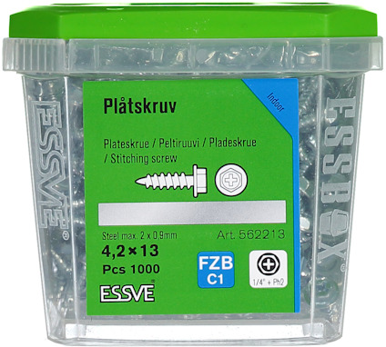 Plåtskruv i plastlåda med grön lock, label med specifikationer 4,2 x 13, 1000 st, ESSVE.