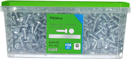 Plastlåda med 1000 förzinkade plåtskruvar 4,2x13 mm från ESSVE.