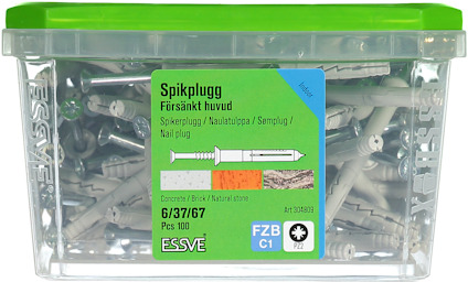 Plastlåda med spikplugg från ESSVE, försänkt huvud, 6/37/67mm, 100 st.