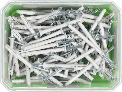 Vit plastlåda med vita expanderskruvar och silverfärgade skruvar.