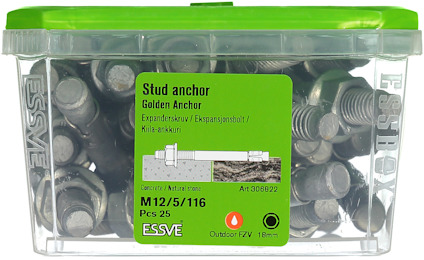Plastlåda med 25 stålförankringsbultar. Märketikett: ESSVE, Art 306892, M12/5/116.