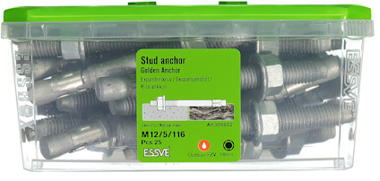 Plastlåda med metalldubbar, etiketttext: "Stud anchor Golden Anchor M12/5/116 PES 25".