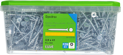 Plastlåda med gipsskruv, 3.9 x 41 mm, 900 st, märkt Essve. Grönt lock, etikett med illustration och produktinformation.