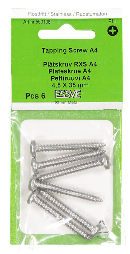 PLÅTSKRUV RUND SKALLE ROSTFRI SYRAFAST A4 4,8X38 6ST