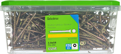 Förpackning med 250 golvskruvar, 3,9x58 mm, märkt ESSVE, grön och transparent plastlåda.
