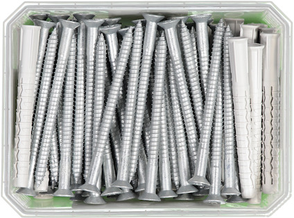 Låda med flera silverfärgade skruvar och vita plastplugg.