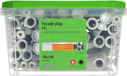 Låda med fasadplugg, GXL, art.nr. 1448023, 10x140 mm, 30 st, från ESSVE. Grön lock, illustration av plugg på etiketten.