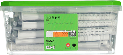 Förpackning med fasadpluggar, storlek 6x140 mm, 30 stycken. Grönt lock och etikett med produktinformation.