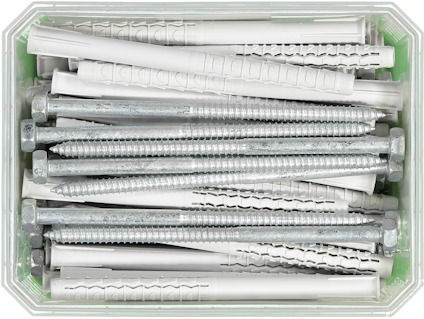 Plastlåda med metallskruvar och vita plastpluggar.