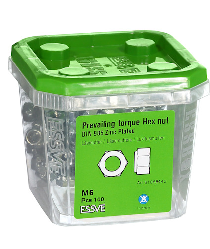 Grön och genomskinlig plastbehållare med M6 låsmuttrar, artikelnummer 61068440, ESSVE.