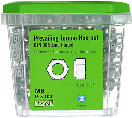 Förpackning med 100 sexkantiga låsmuttrar M6, zinkpläterade, med grön etikett och lock.