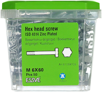 Förpackning med sexkantsskruvar, M 6x60, 50 st, ISO 4014, zinkpläterade från ESSVE.