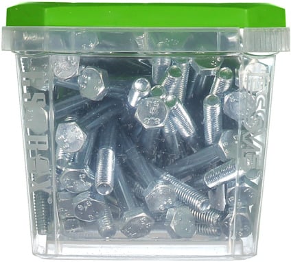 En transparent plastlåda med grönt lock innehåller flera sexkantiga bultar.