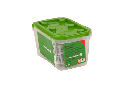 Förpackning med grönt lock innehållande takskruvar.