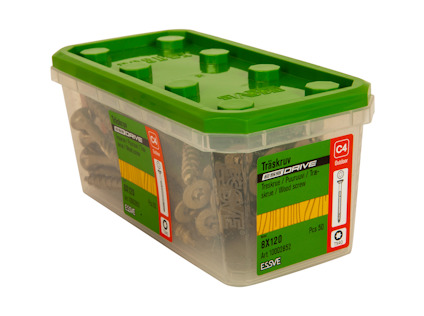 Förpackning med ESSDRIVE trallskruv, C4 kvalitet, 8x120 mm, 50 st, med grön lock.