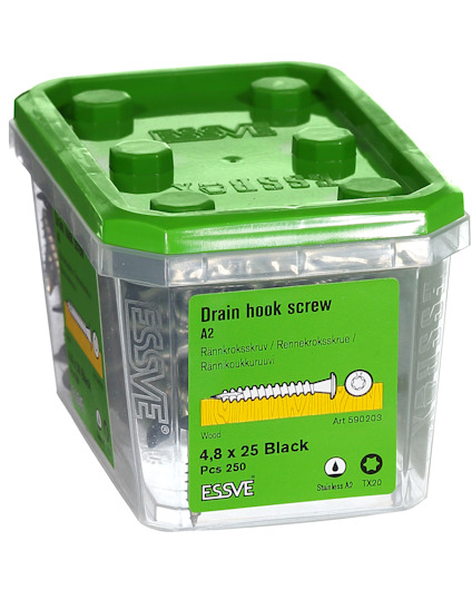 Grön och transparent förpackning med dräneringskrokskruv, 4.8 x 25 Black, 250 st, märkt ESSVE.