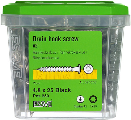 Förpackning med 250 svarta hängrännskruvar från ESSVE, 4,8x25 mm, rostfritt stål A2, art.nr 590203.