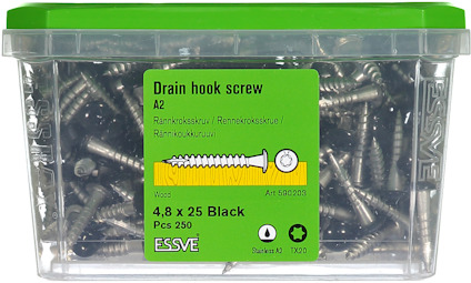 Plastlåda med svarta dräneringskrokskruvar, etiketttext "Drain hook screw, 4,8 x 25 Black, Pcs 250".