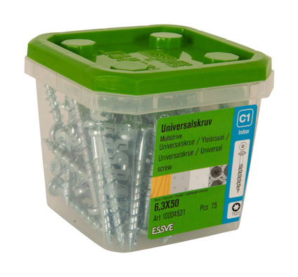 Plastburk med Essve universalskruvar, 6,3x50 mm, 75 stycken. Grön lock, etikett med produktinformation.