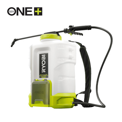 Ryobi ryggspruta med vit tank, svart handtag och gröna detaljer.