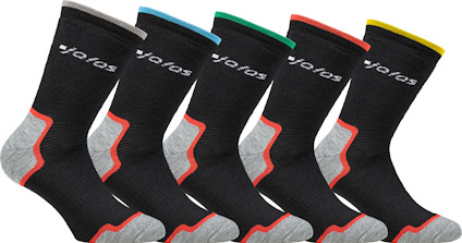 Sex par svarta strumpor med färgade detaljer upptill; grå, blå, grön, röd, grön, gul. Texten "JOLASS" syns.