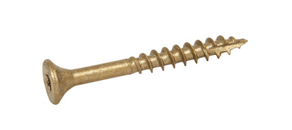 Skruv med försänkt huvud och gyllene färg, mot en vit bakgrund.