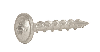 Metallskruv med korsspår och grov gänga, sedd från sidan.