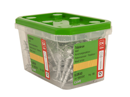 Förpackning med 100 träskruvar 6,0x40 mm från Essve, grön och transparent plastlåda.