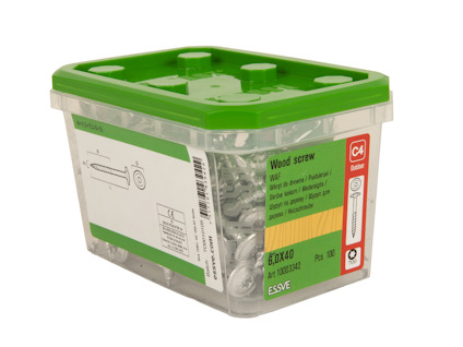 Plastlåda med grönt lock innehållande träskruvar. Etiketten visar texten "Wood screw 6.0x40" och "Qty: 100".
