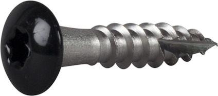 Svart skruv med rostfri kropp och platt huvud, liggande på en grå yta.