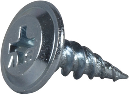 Metallskruv med platt huvud och stjärnformad skruvhuvudsspår, silverfärgad, vit bakgrund.