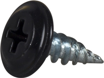 Svartlackerad montageskruv med vass spets och korsformad skruvskalle.