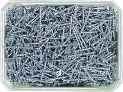 Fyrkantig plastbehållare fylld med silverfärgade skruvar med stjärnformade skallar.