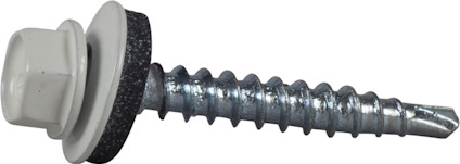 Självborrande skruv med sexkanthuvud i metall, vit bricka och gummitätningsbricka.