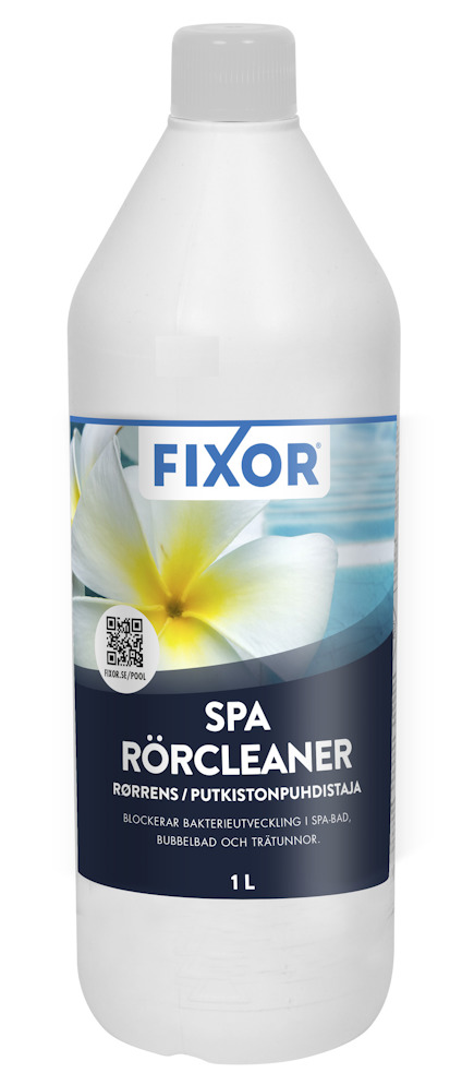 Vit flaska med vit kork, etikett med texten "FIXOR SPA RÖRCLEANER" och bild av en gul vit blomma.