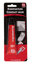 Förpackning med röd tub Kontaktlim 281, illustrerade användarinstruktioner och logotyp från Dana Lim.