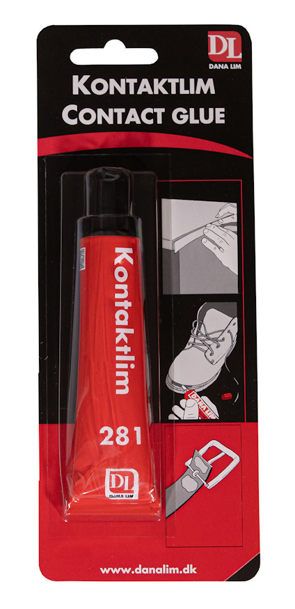 Förpackning med röd tub Kontaktlim 281, illustrerade användarinstruktioner och logotyp från Dana Lim.