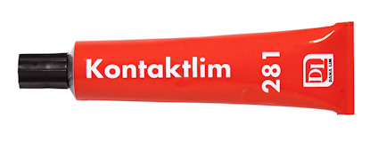 Röd tub med texten "Kontaktlim 281" och en vit logotyp.