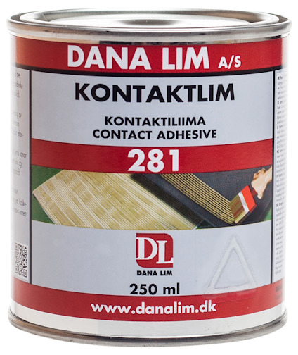 Förpackning av Dana Lim kontaktlim 281 med text på flera språk och bild av applicerat lim.