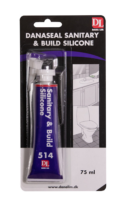 Tub våtrumssilikon Sanitary & Build 514, vit, 75 ml, på svart förpackning med badrumsillustration.
