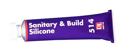 Tub med texten "Sanitary & Build Silicone 514" och logotypen "DL".