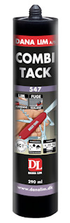 Limpatron med etikett: "Dana Lim A/S COMBI TACK 547 LIM FUGE 290 ml". Visar även bilder av applikationsverktyg och användning.