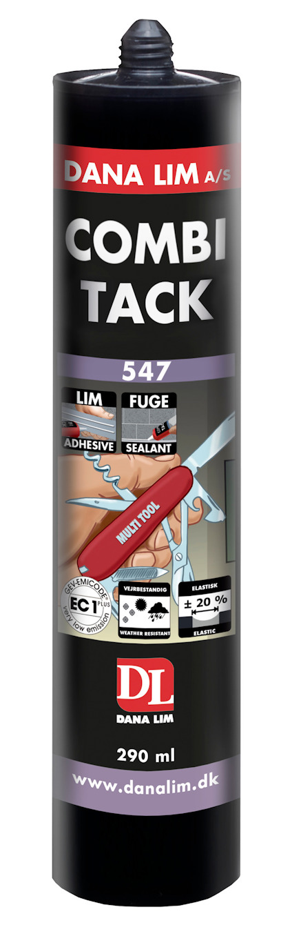 Limpatron med etikett: "Dana Lim A/S COMBI TACK 547 LIM FUGE 290 ml". Visar även bilder av applikationsverktyg och användning.