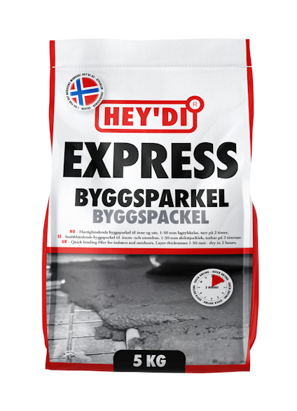 Förpackning av Hey'di Byggspackel Express, 5 kg, med norsk flagga och produktbild på framsidan.