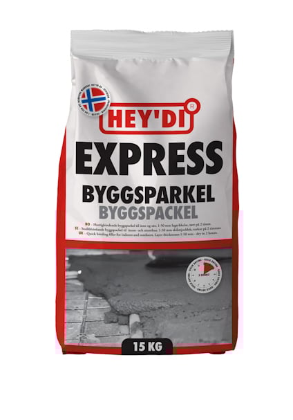 Förpackning av Hey'di Express Byggspackel i en vit och röd säck, 15 kg.